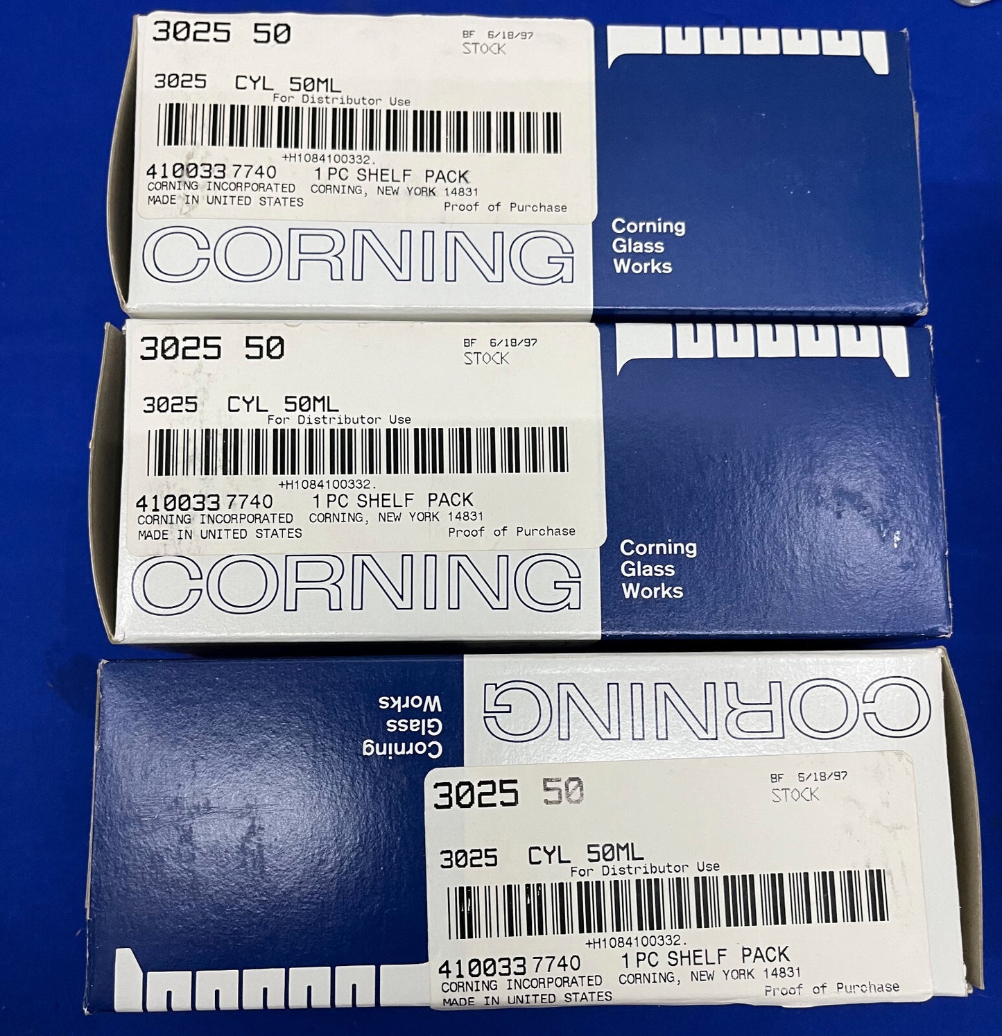 PYREX ® CORNING GLASS 3025-50 CILINDRO DOPPIA SCALA METRICA 50mL - 1 LOTTO QTY 6