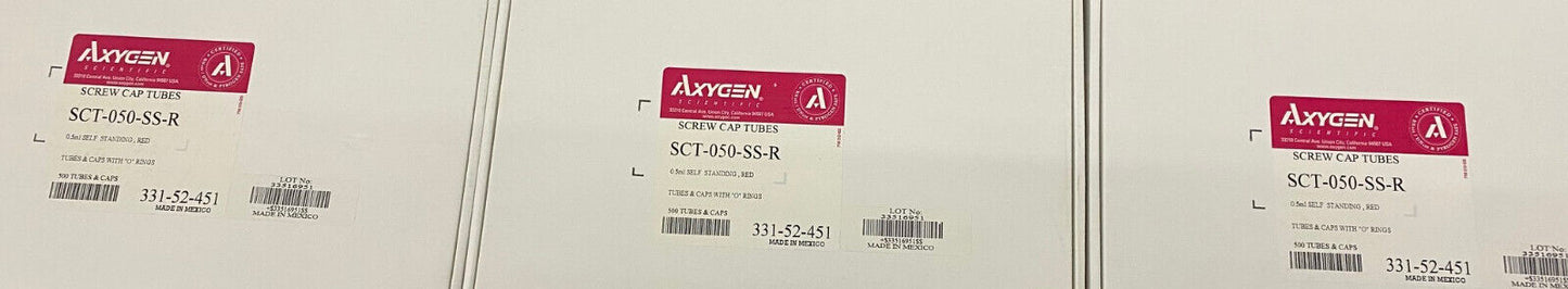 AXYGEN® SCT-050-SS-R 0.5ml SELF STANDING,RED,TUBES & CAPS - 1 LOT QTY 3 BOXES