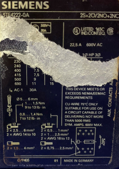 Lotto di 2 contattori Siemens 3TF422-OA 2S+20/2NO+2NC