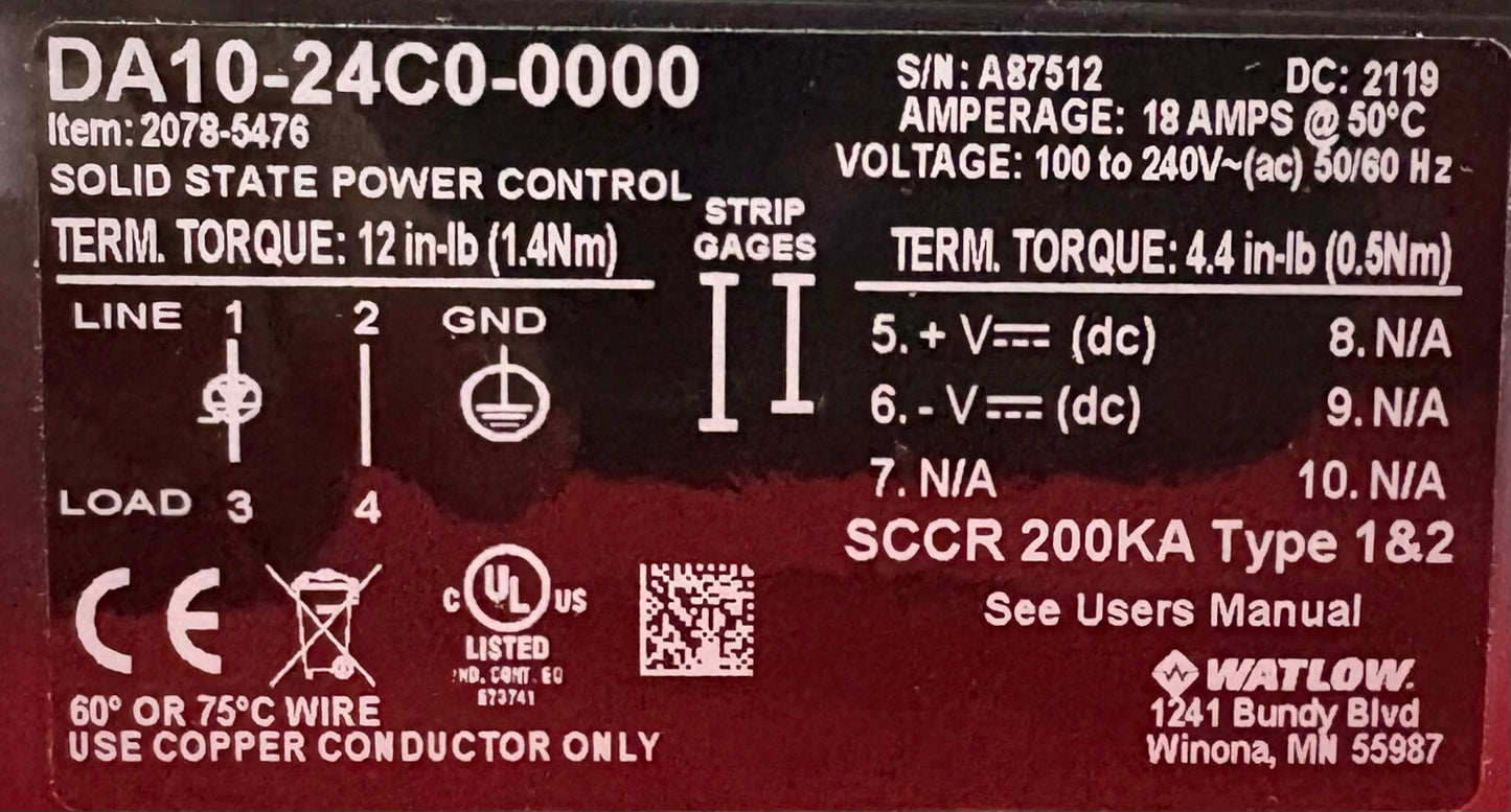 WATLOW DIN-A-MITE DA10-24C0-0000 SOLID STATE POWER CONTROL - 1 LOT QTY 2