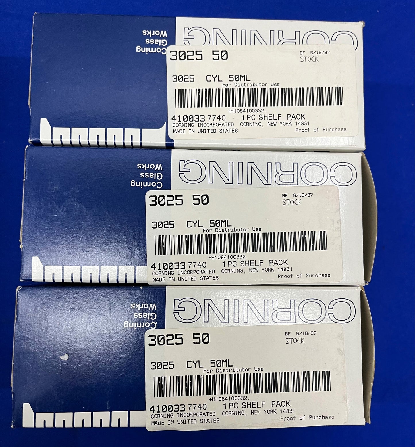 PYREX ® CORNING GLASS 3025-50 CILINDRO DOPPIA SCALA METRICA 50mL - 1 LOTTO QTY 6