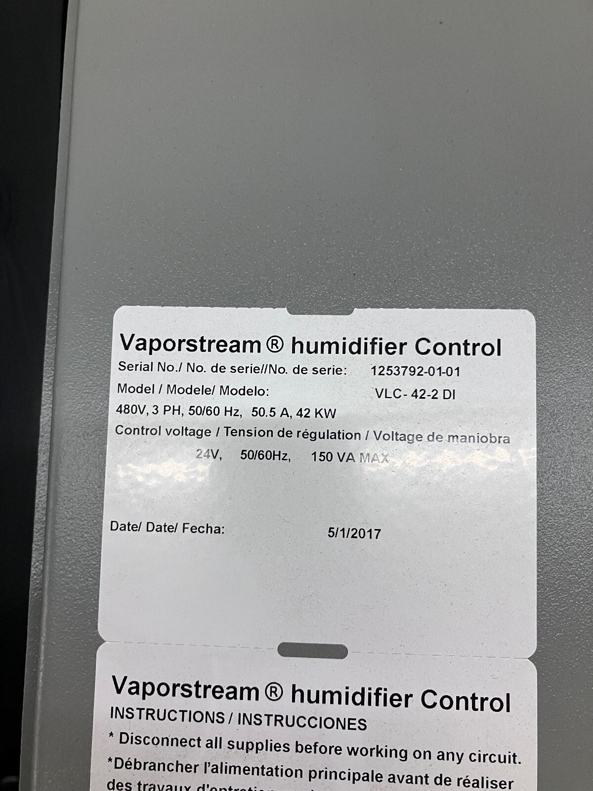 HUMIDIFICATEUR DRISTEEM™ VAPORSTREEM® VLC-42-2 DI 480 V, triphasé, 50/60 Hz, 50,5 A, 42 000 tr/min