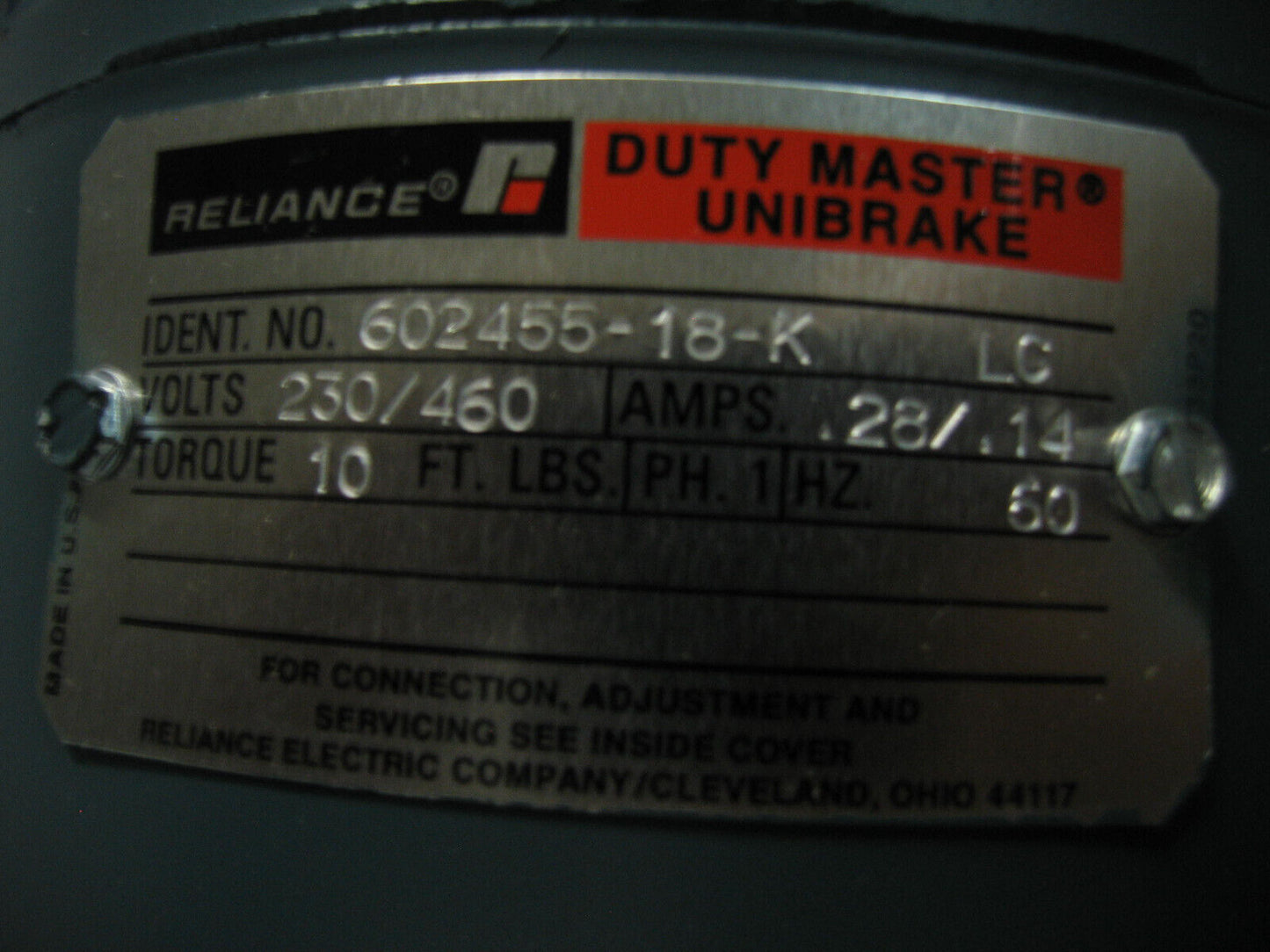RELIANCE ELECTRIC DUTY MASTER® A-C MOTOR ID: P14H0963S W/ DUTY MASTER® UNIBRAKE