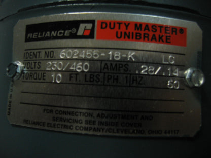 RELIANCE ELECTRIC DUTY MASTER® A-C MOTOR ID: P14H0963S W/ DUTY MASTER® UNIBRAKE