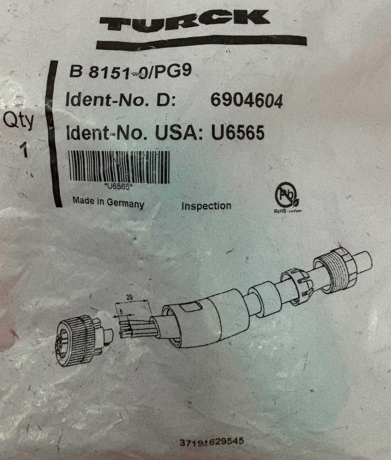 TURCK SENSOR CONNECTOR B 8151-0/PG9 / 6904604 / U6565 - QTY 2