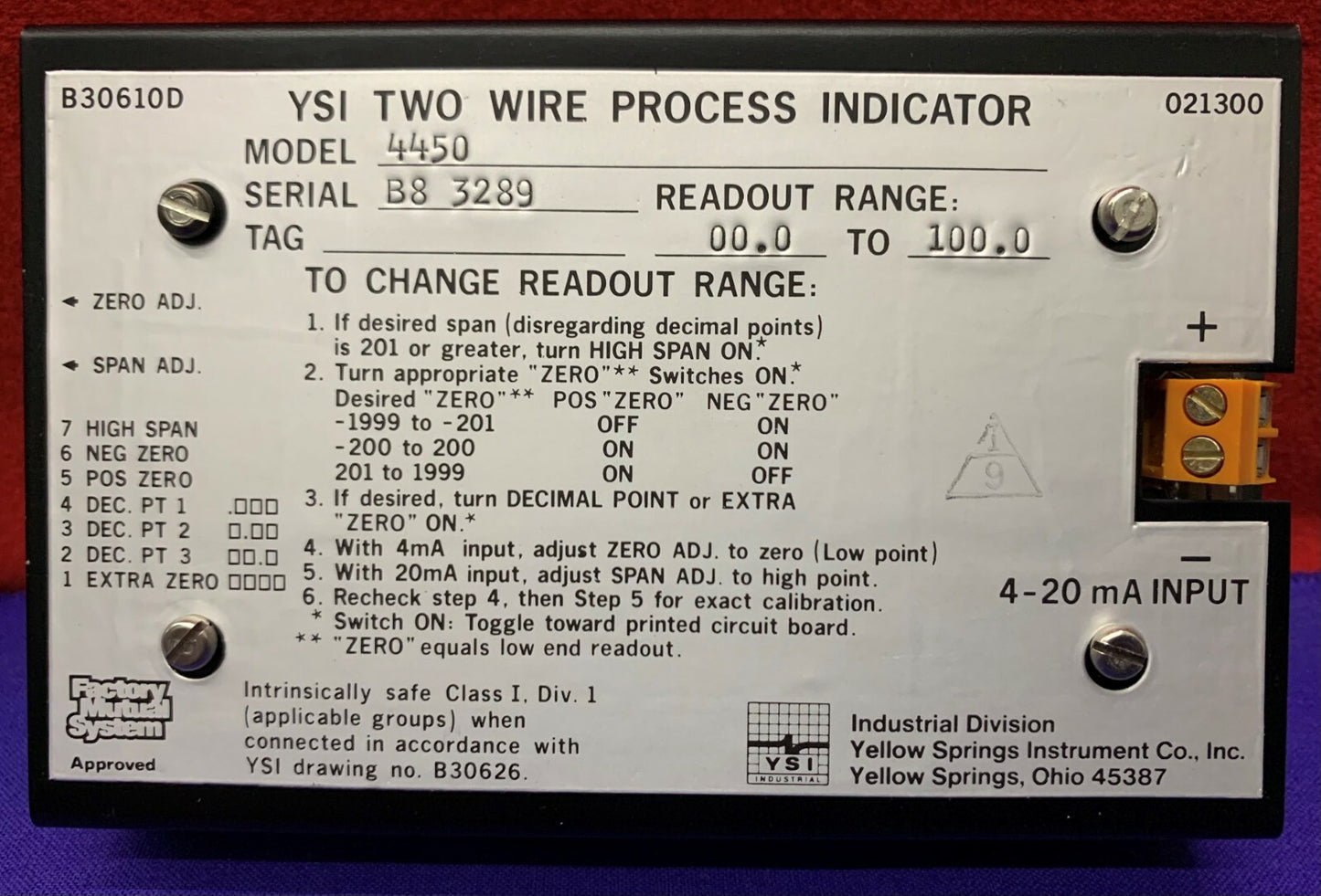 YSI YELLOW SPRINGS 4450 Zweidraht-Prozessanzeigetafel 4450/SC/4-20 DISPLAY