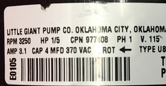 BOMBA PEQUEÑA GIGANTE TIPO U8581 RPM 3250 HP 1/5 V115