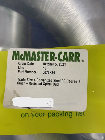 MCMASTER-CARR 5078K24 TRADE SIZE 4 GALVANIZED STEEL 90 DEGREE - 1 PKG QTY 2