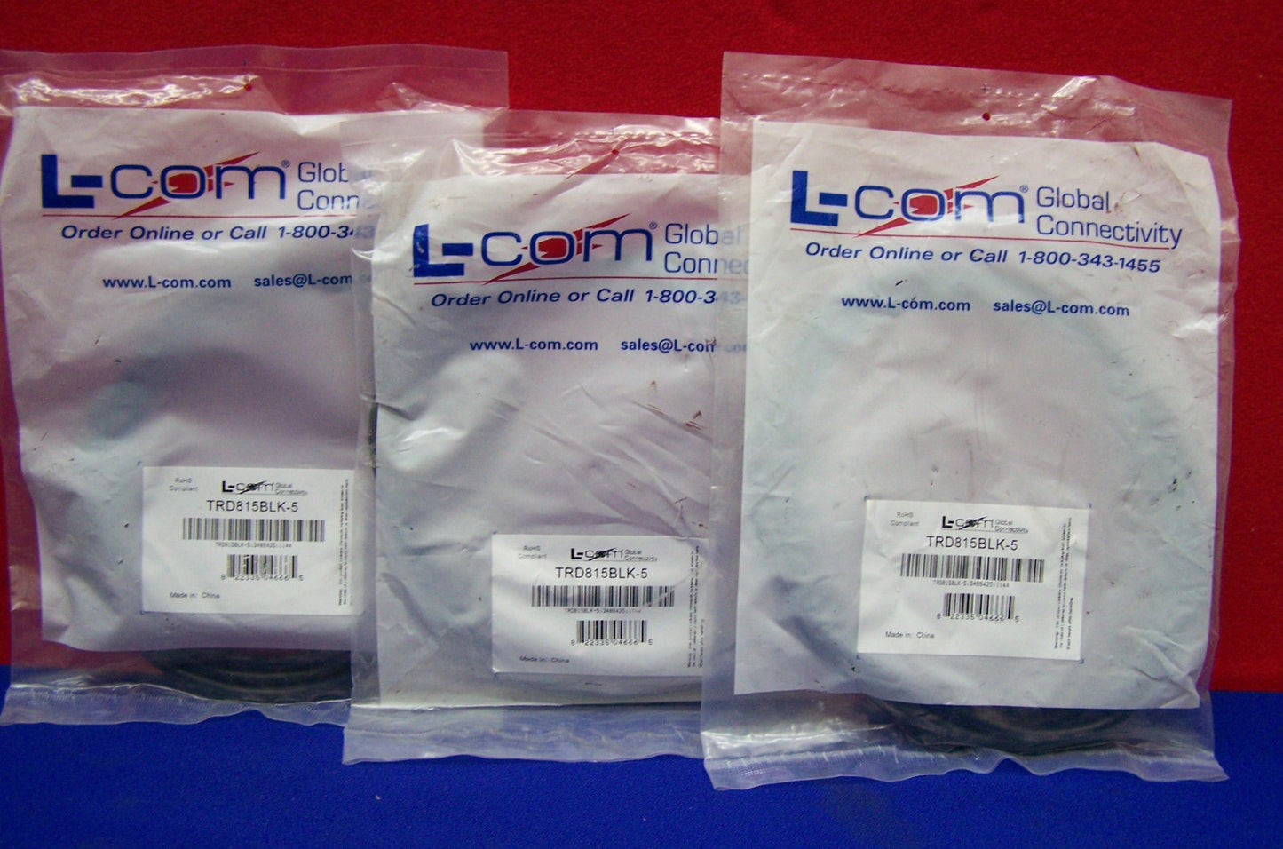 QTY 3 CAVI - L-COM GLOBAL CONNECTIVITY TRD815BLK-5 5E CAVO PATCH NERO 5 PIEDI
