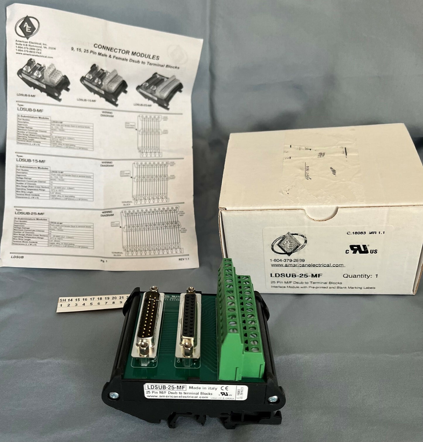 Bornier Dsub mâle/femelle 25 broches vers bornier American Electrical LDSUB-25-MF