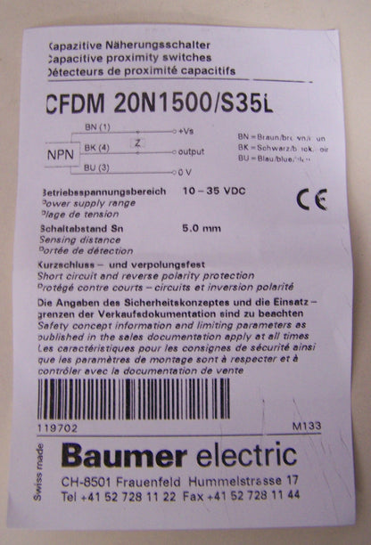QTY 2 - BAUMER ELECTRIC CFDM 20N1500/S35L CAPACITIVE FLAT PACK 10119702 SENSOR