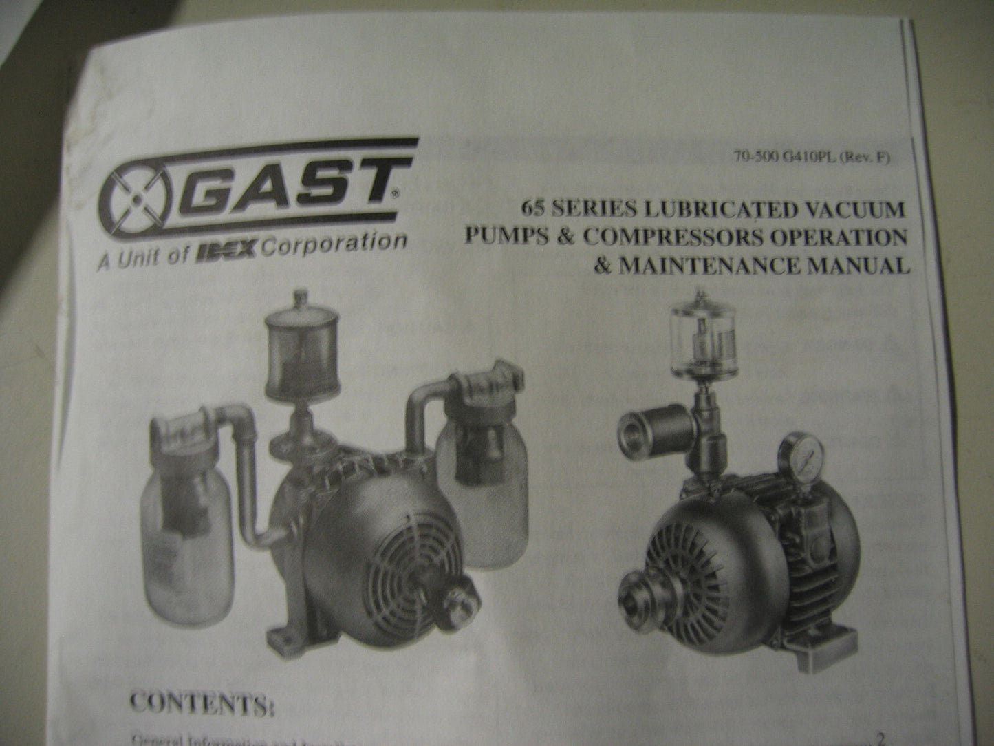 GAST 65 SERIES ROTARY VANE VACUUM PUMP/COMPRESSOR 2065-V2A - FOR PARTS/REPAIR