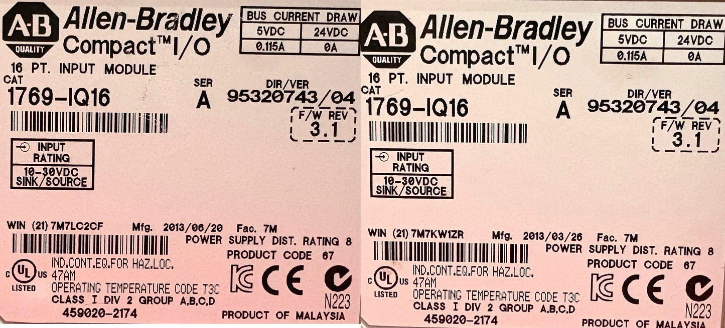 ALLEN BRADLEY 1769-ECL SERA,1769-PA2 SERA ,1769-OB16 SERB,QTY 2 - 1769-IQ16 SERA