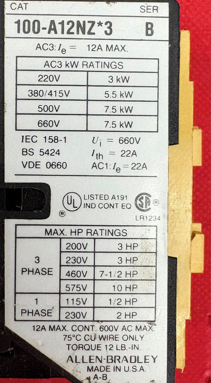 Allen-Bradley Allen Bradley AB 100-A12NZ*3 SER B CONTACTOR 24 VDC