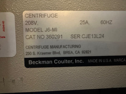 BECKMAN COULTER J6-MI CENTRIFUGE 208V 25A 60 HZ CAT NO 360291 HIGH SIDE 400 PSIG
