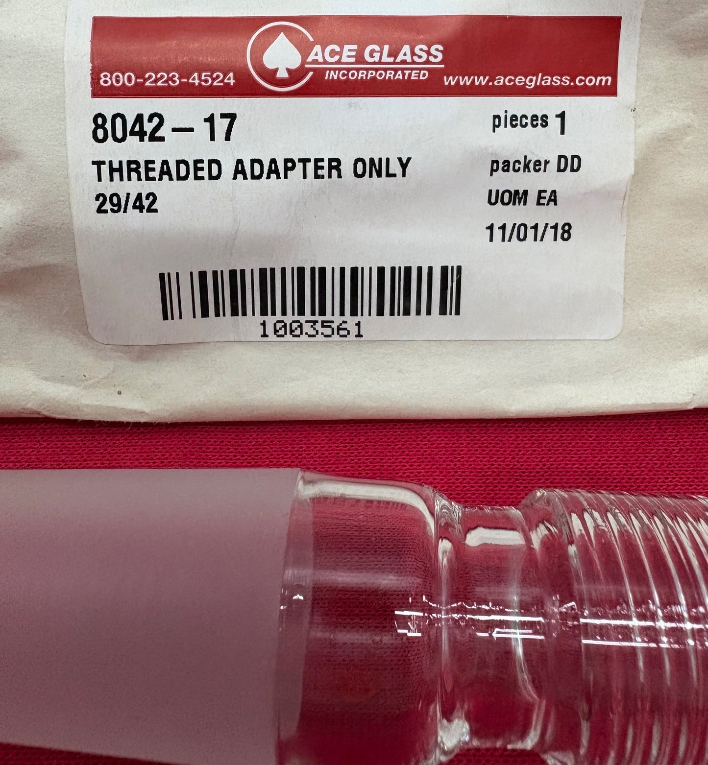 ACE GLASS 8042-17 THREAD ADAPTER ONLY #15mm THREAD TYPE -NPT 29/42 INNER JOINT
