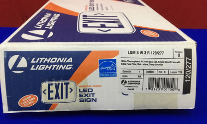 EMERGENCY EXIT LIGHT LITHONIA 3BA31 LQM S W 3 R 120/277 THERMOPLASTIC AC LED