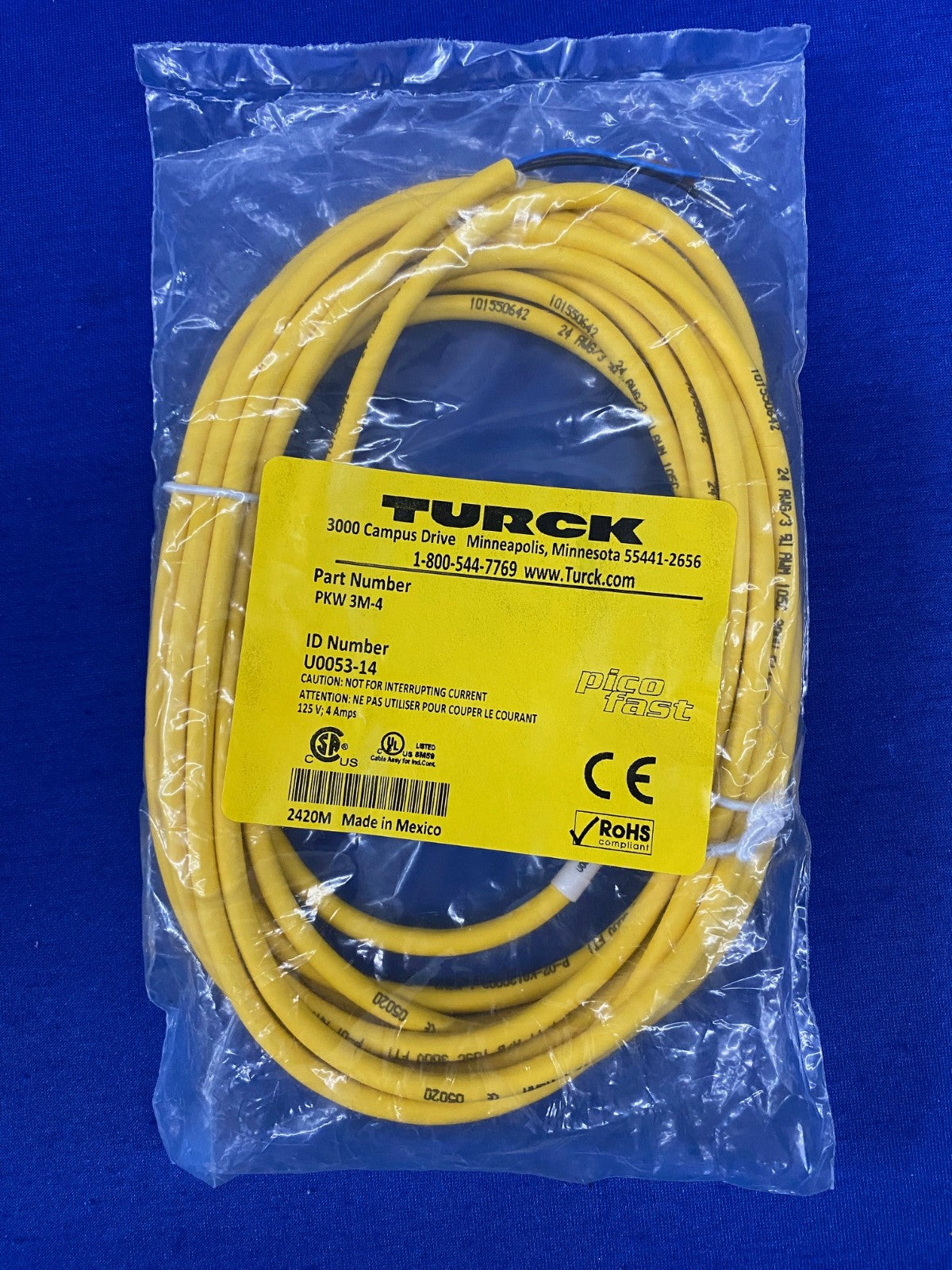 TURCK PKW 3M-4 ID NUMBER U0053-14 ACTUATOR AND SENSOR CONNECTION CABLE FEMALE M8