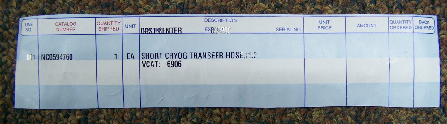 FISHER SCIENTIFIC NC0594760 / VCAT 6906、長さ4フィート（1.2m）、金属クライオグトランスファーホース