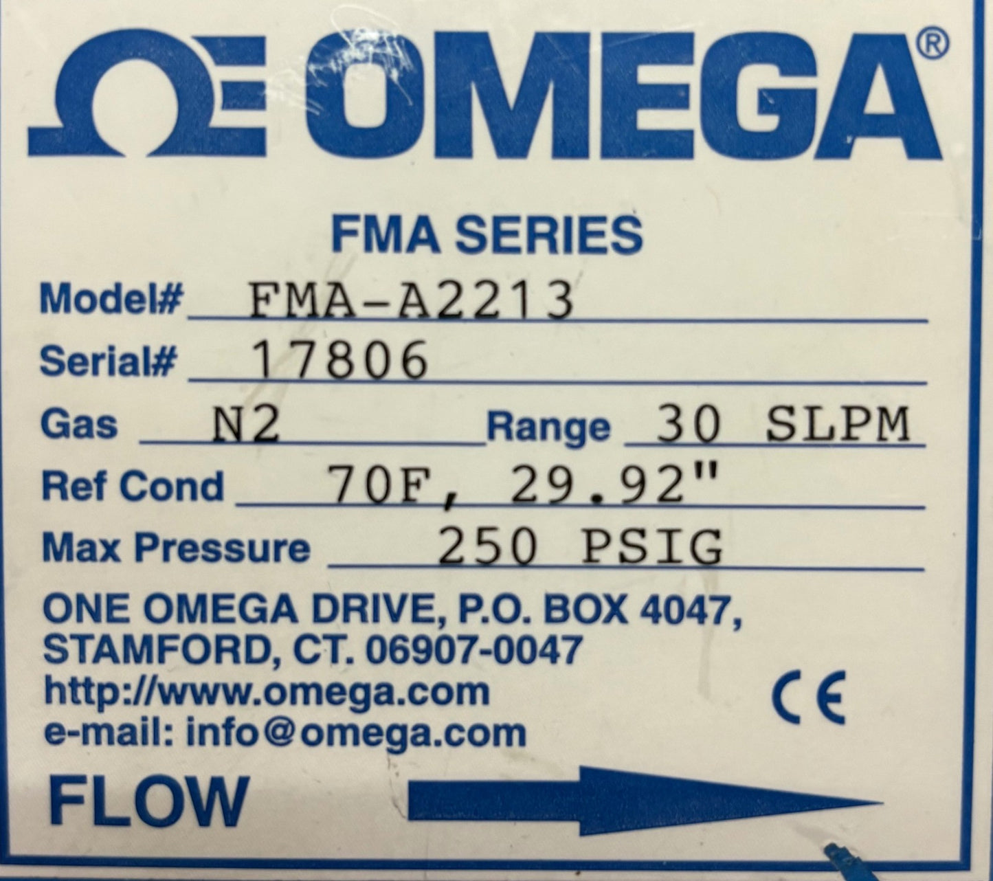 OMEGA FMA-A2213 ELECTRONIC MASS FLOW CONTROLLER RANGE 0-30SLPM GAS N2 250PSIG