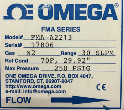 OMEGA FMA-A2213 ELECTRONIC MASS FLOW CONTROLLER RANGE 0-30SLPM GAS N2 250PSIG