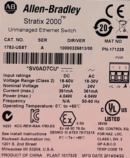 Allen Bradley AB STRATIX 2000™ 1783-US8T  8 PORT UNMANAGED ETHERNET SWITCH