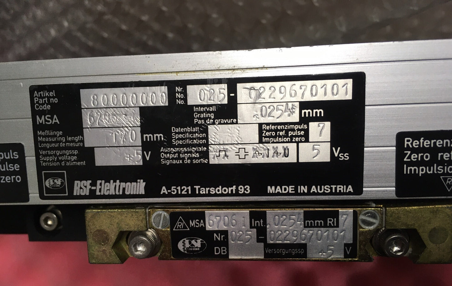 RSF ELEKTRONIK MSA 6706 67061 170 MM LINEAR-ENCODER MIT Parker Daedal 106061C20ELH