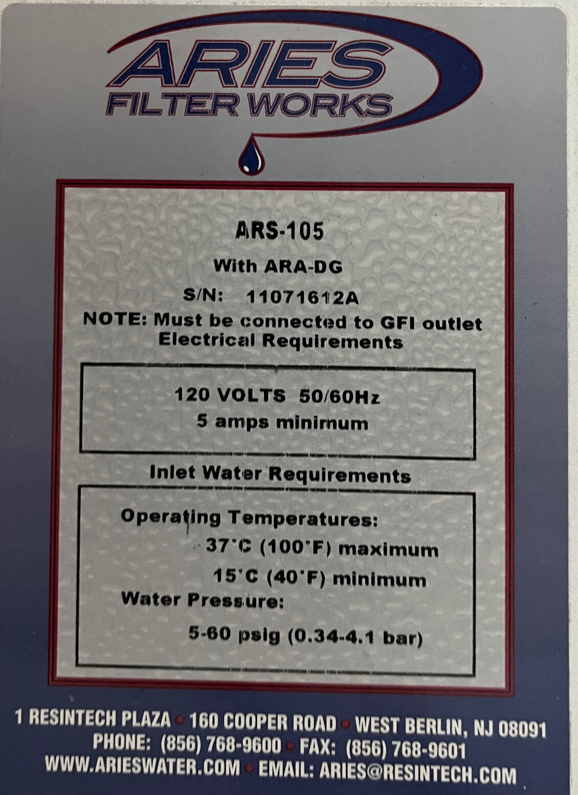 Système de purification d'eau haute pureté ARIES FILTERWORKS ARS-105 - Pièces/Réparation