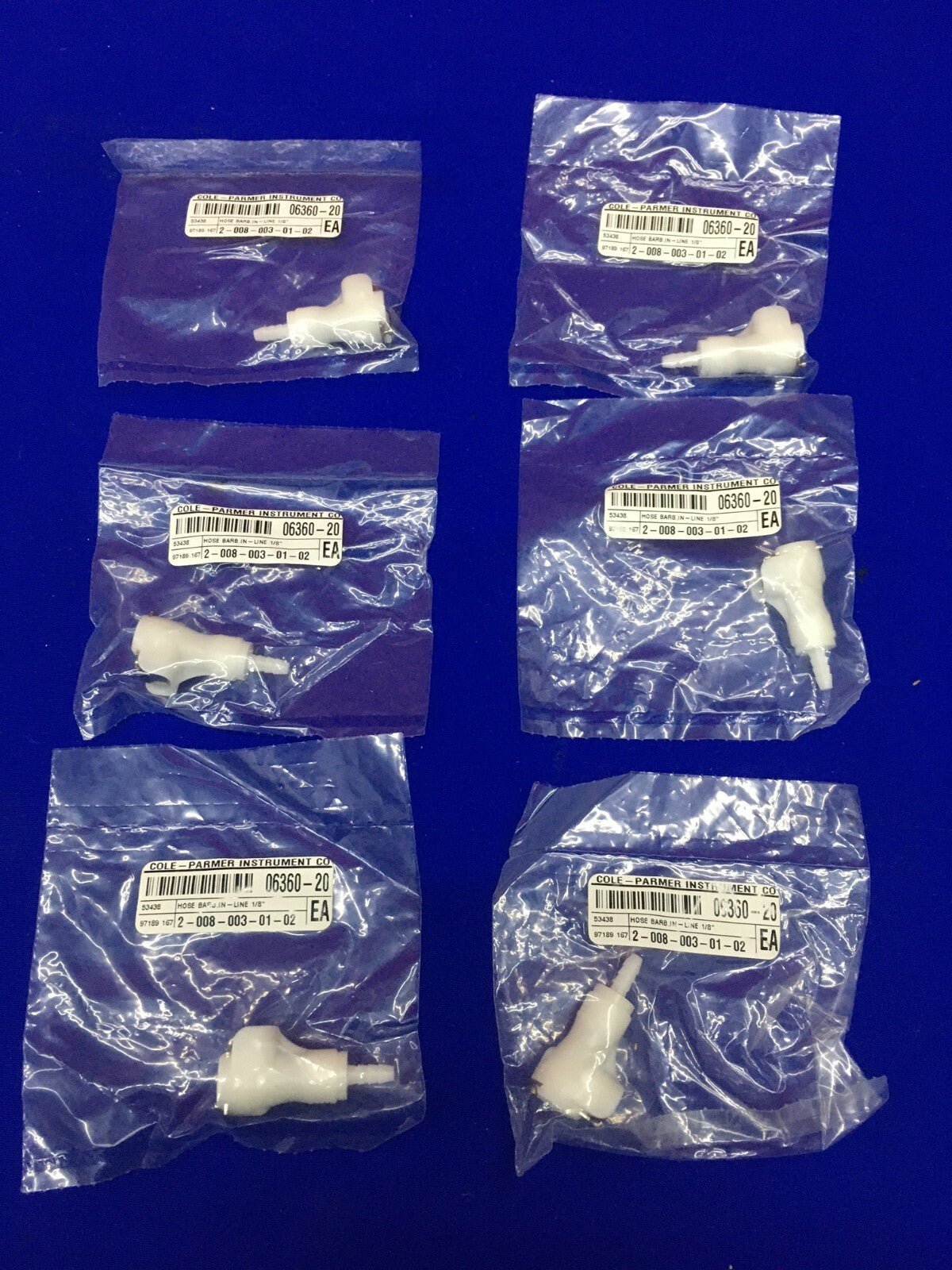 1 LOT MENGE VON 6 - COLE-PARMER / COLE PARMER 06360-20 SCHLAUCHSTUTZEN IN-LINE 1/8" 