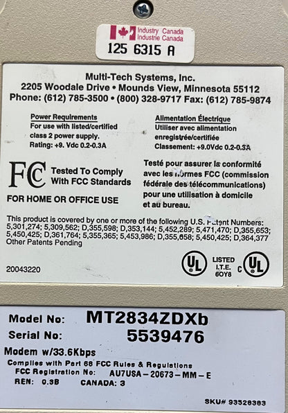 MULTI-TECH SYSTEMS MULTIMODEM ™ MT2834ZDXb MODEM DATI/FAX 33,6K bps 