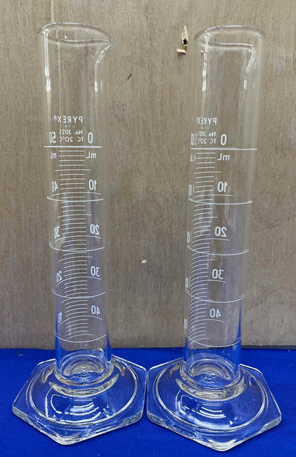PYREX ® CORNING GLASS 3025-50 CILINDRO DOPPIA SCALA METRICA 50mL - 1 LOTTO QTY 6