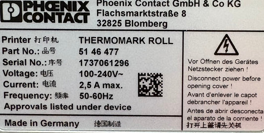PHOENIX CONTACT THEROMARK ROLL 5146477 THERMAL TRANSFER PRINTER SN 1737061296
