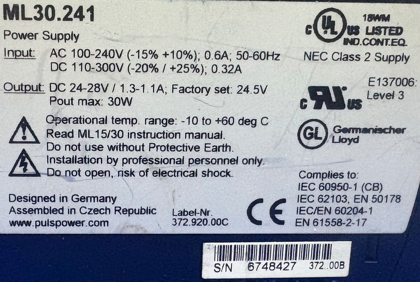 Puls Miniline ML30 Netzteil ML30.241 AC/DC Hutschienenversorgung 24V 30W 