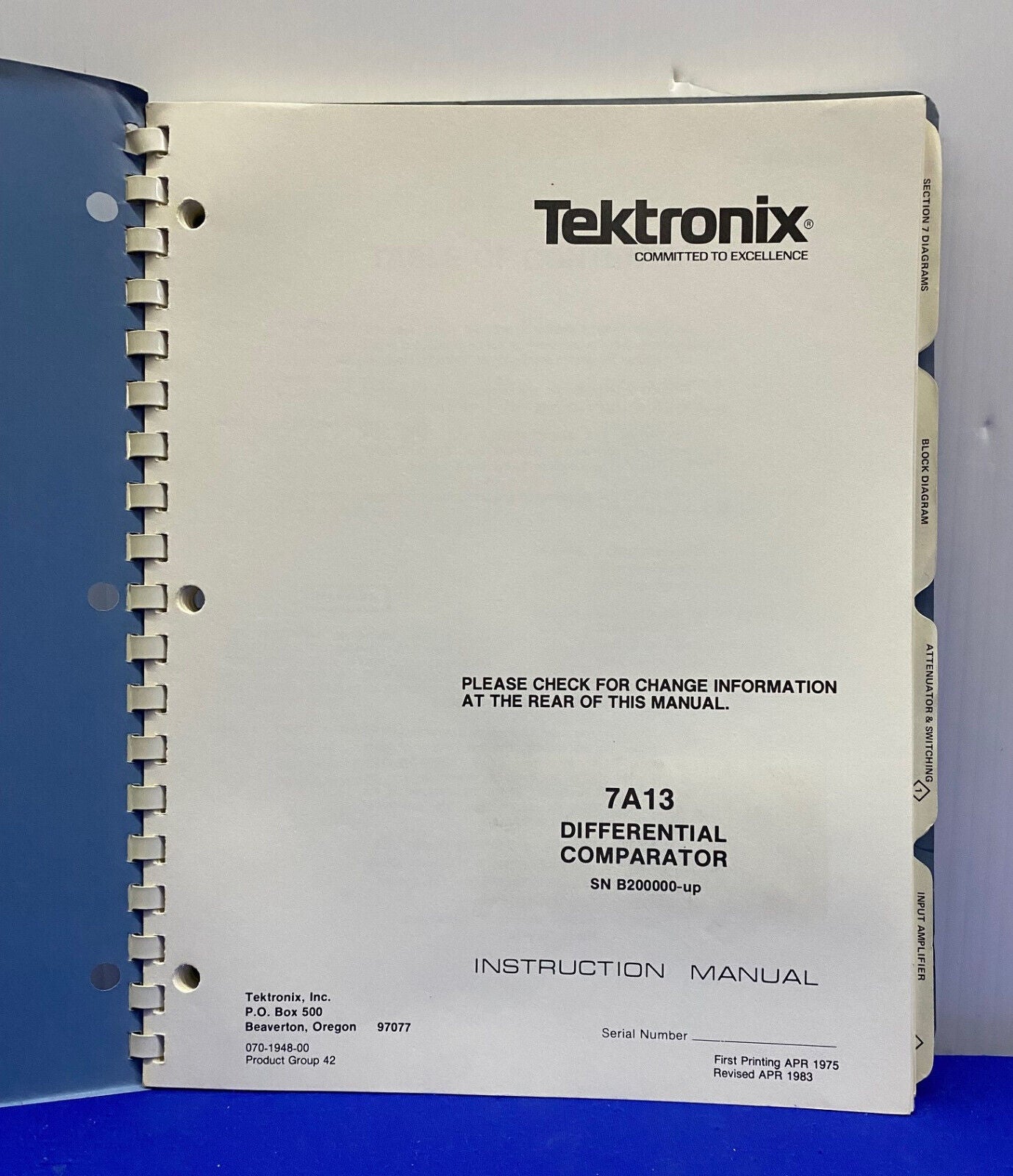 TEKTRONIX ® 7A13 / 070-1948-00 DIFFERENTIAL COMPARATOR SN B200000-up INST MANUAL