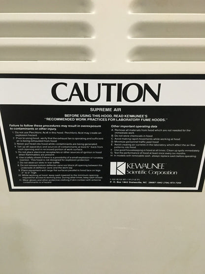 KEWAUNEE LABORATORY FUME HOOD/WITHOUT BASE SUPREME AIR 8' X 3' X 78" Has CUTOUT