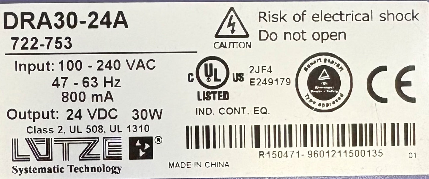 LUTZE / Luetze 電源 DRA30-24A / 722-753 24VDC 30W - 1 ロット数量 2