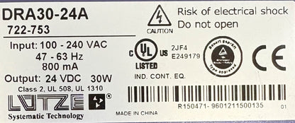 LUTZE / Luetze 電源 DRA30-24A / 722-753 24VDC 30W - 1 ロット数量 2