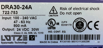 FUENTE DE ALIMENTACIÓN LUTZE / Luetze DRA30-24A / 722-753 24VDC 30W - 1 LOTE CANTIDAD DE 2