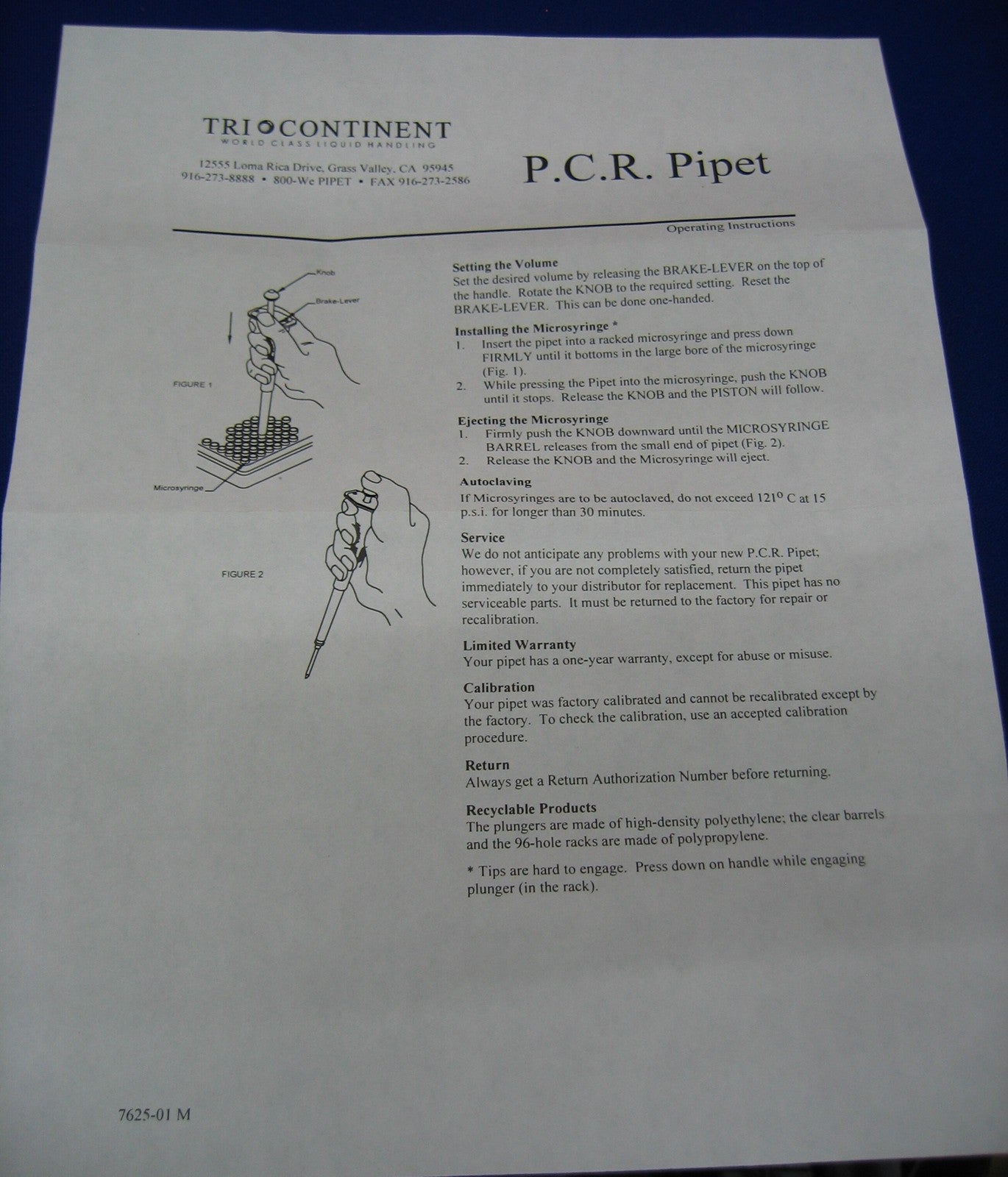 INSTRUMENTO DE PIPETEO DE PRECISIÓN TRI CONTINENT CAT#672 PIPETA PCR 25 µL