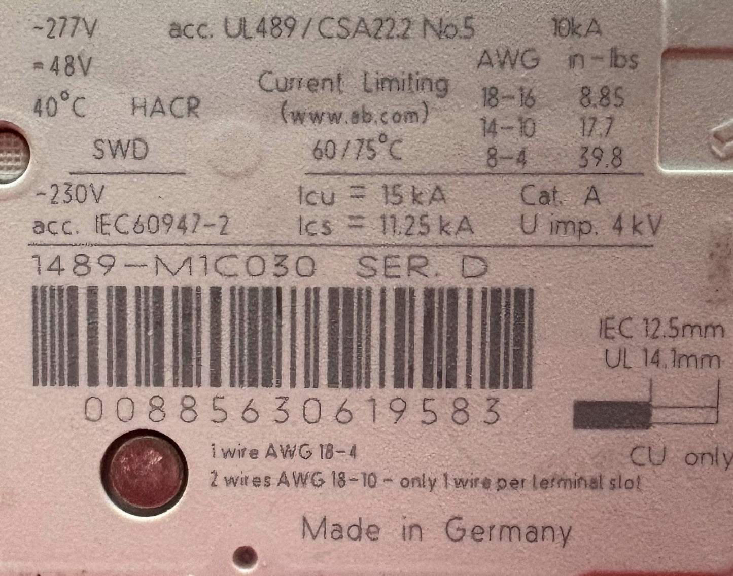 AB 1489-M1C030 SINGLE POLE CIRCUIT BREAKER -2 EATON  Z-SVUL-16/1P-1TE/6 -  QTY 2