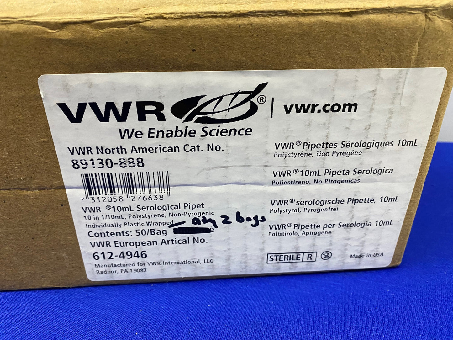 VWR 89130-888 PIPETTE SÉROLOGIQUE 10 mL - 1 BOÎTE/QTÉ 2 SACHETS/QTÉ 50 PIPETTES CHACUN