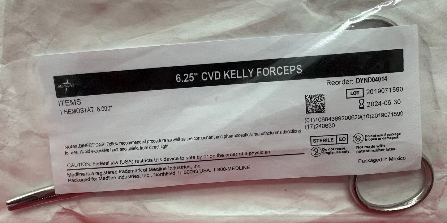 MEDLINE 6.25” CVD KELLY FORCEPS CURVED DATE 6-30-2024 1 HEMOSTAT 6.000”