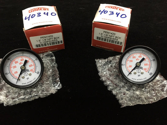 AANTAL 2 - WINTERS PEM1420 METER 1,5" WIJZERPLAAT 1/8" NPT ACHTERKANT 0-100PSI/KPA