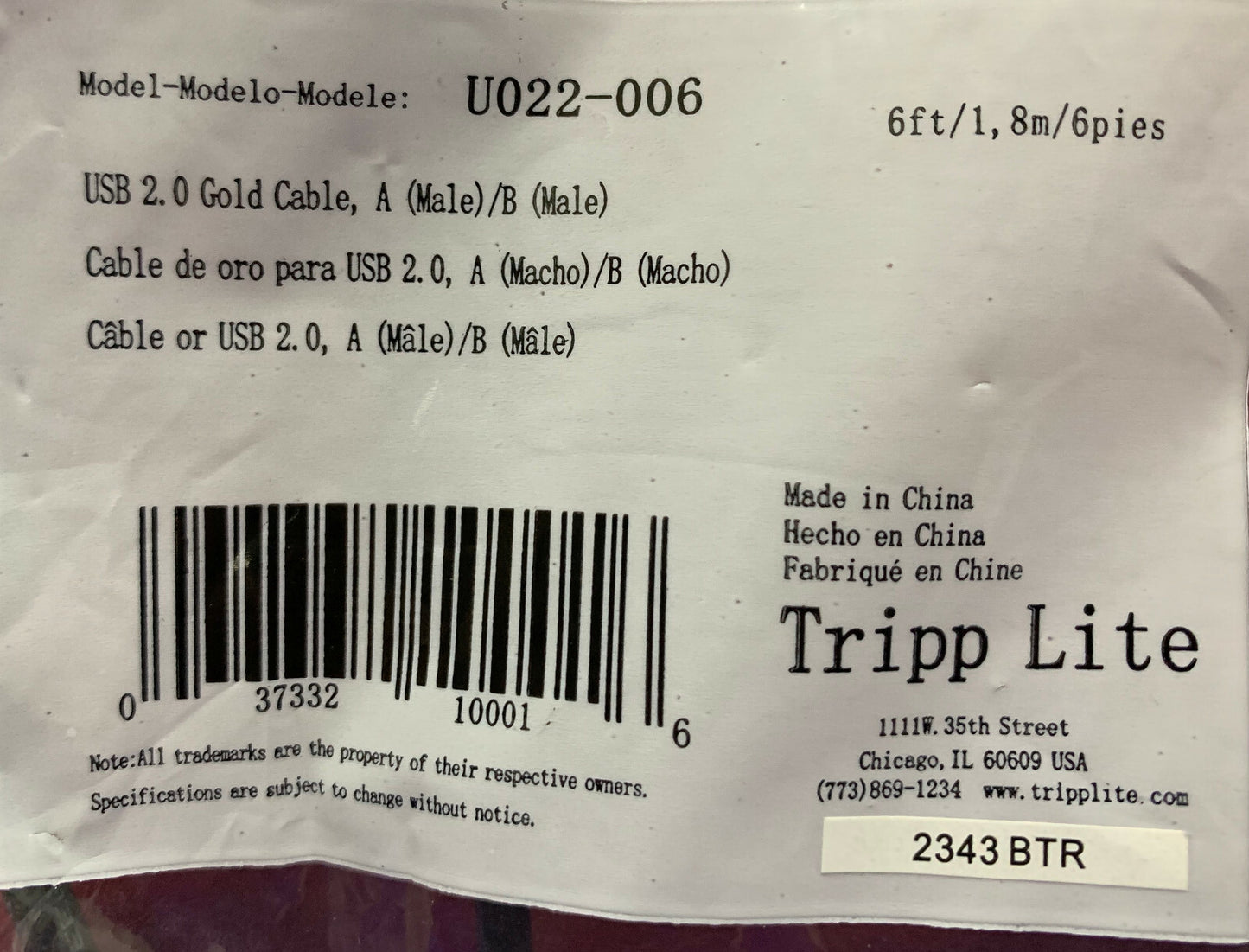 QTY 4 -TRIPP-LITE TRIPP LITE U022-006 USB 2.0 GOLD CABLE A(Male)/B(Male) 6 FEET