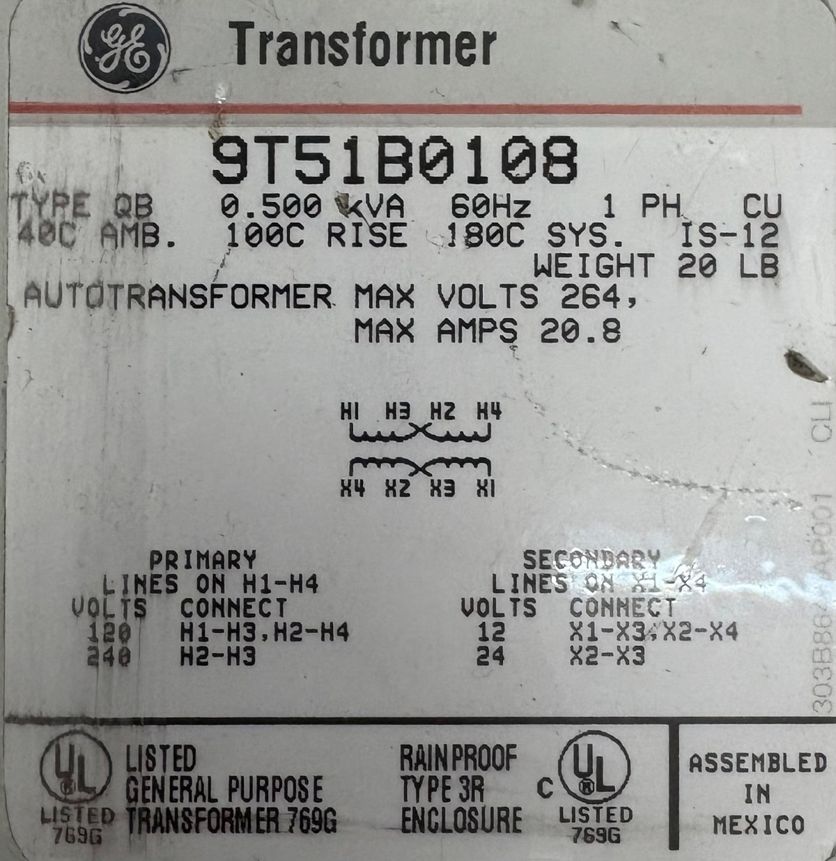 GE TRANSFORMER 9T51B0108 TYPE QB AUTOTRANSFORMER
