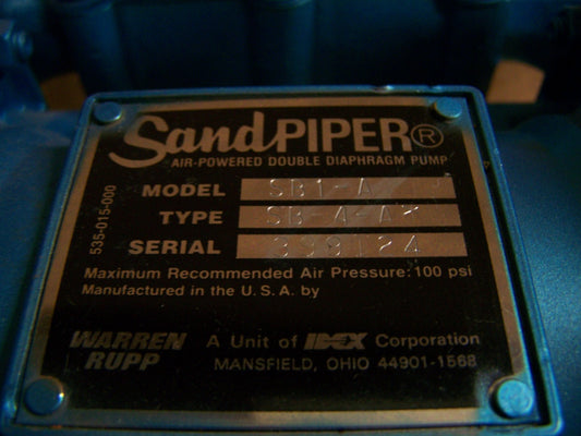 WARREN RUPP SANDPIPER AIR POWERED DOUBLE DIAPHRAGM PUMP MODEL SB1-4 TYPE SB 4-4