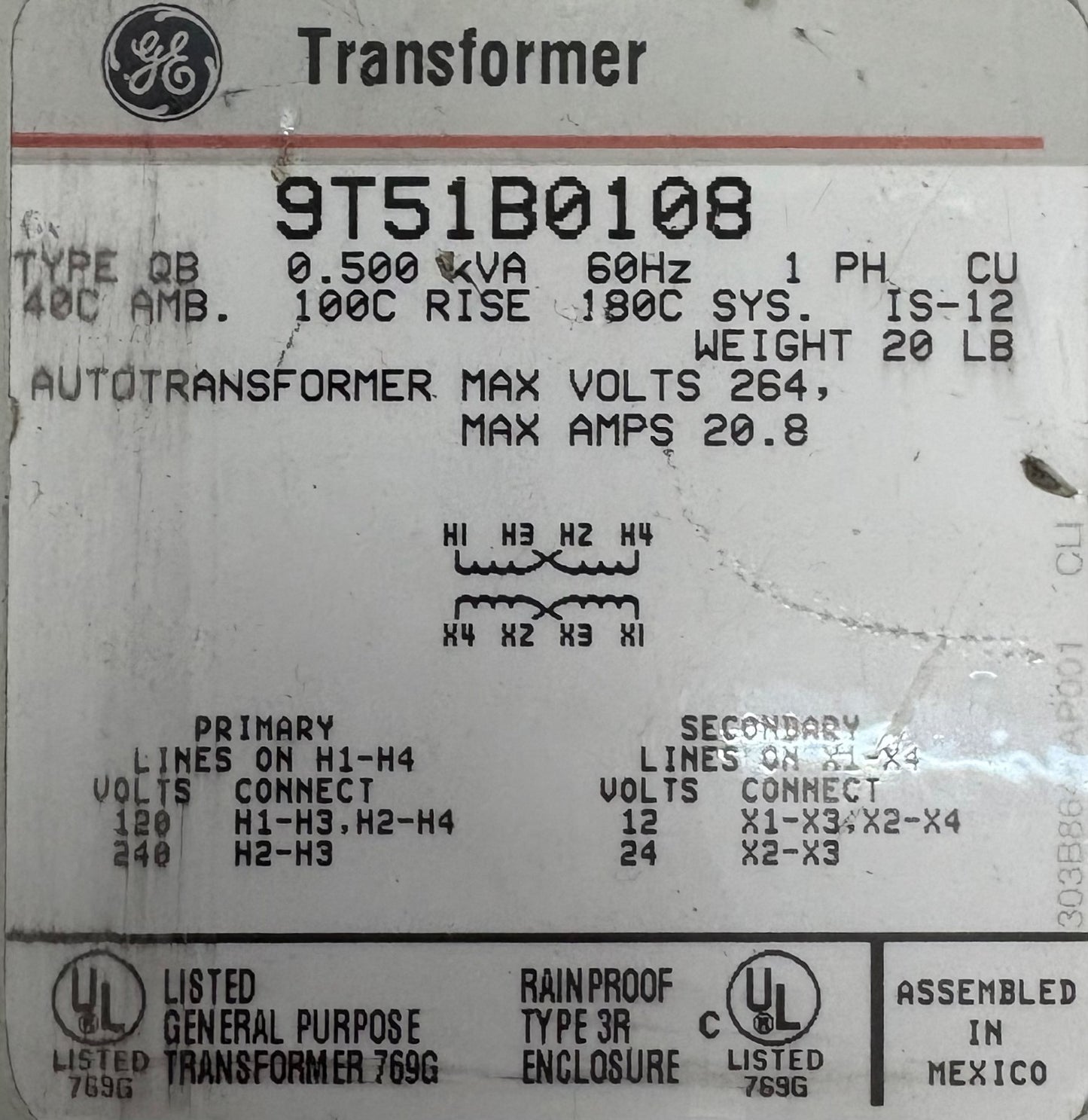 GE TRANSFORMER 9T51B0108 TYPE QB AUTOTRANSFORMER