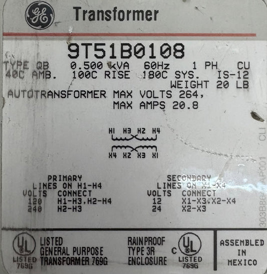 GE TRANSFORMER 9T51B0108 TYPE QB AUTOTRANSFORMER