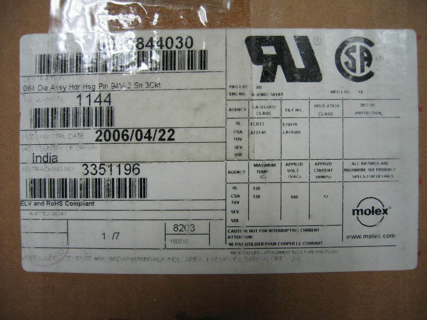 MOLEX 144 STÜCK 0010844030 / 10-84-4030 STECKERLEISTE 3POS .084 VERTIKALE ZINN