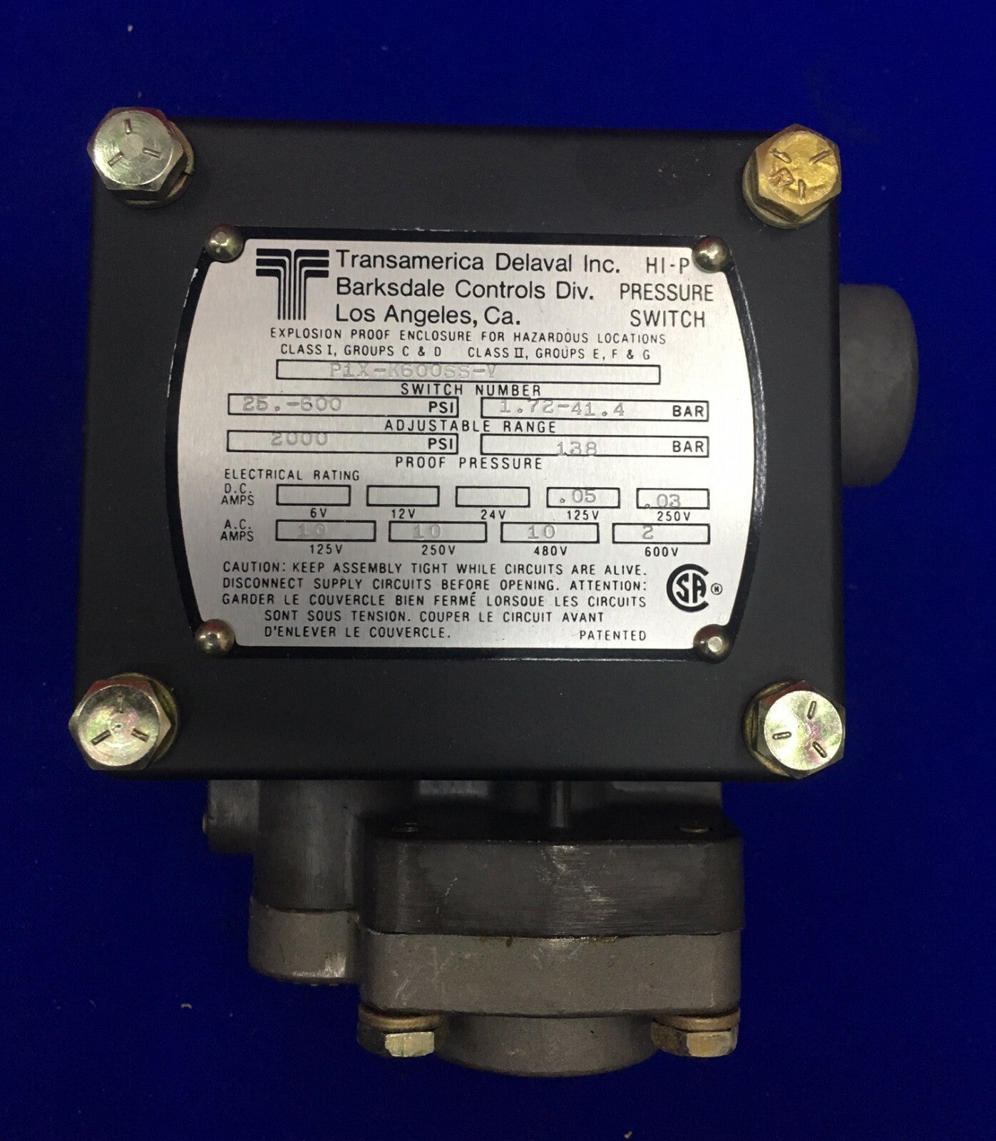 INTERRUPTOR DE PRESIÓN P1X-K600SS-V DE CONTROLES BARKSDALE DE TRANSAMERICA DELAVAL